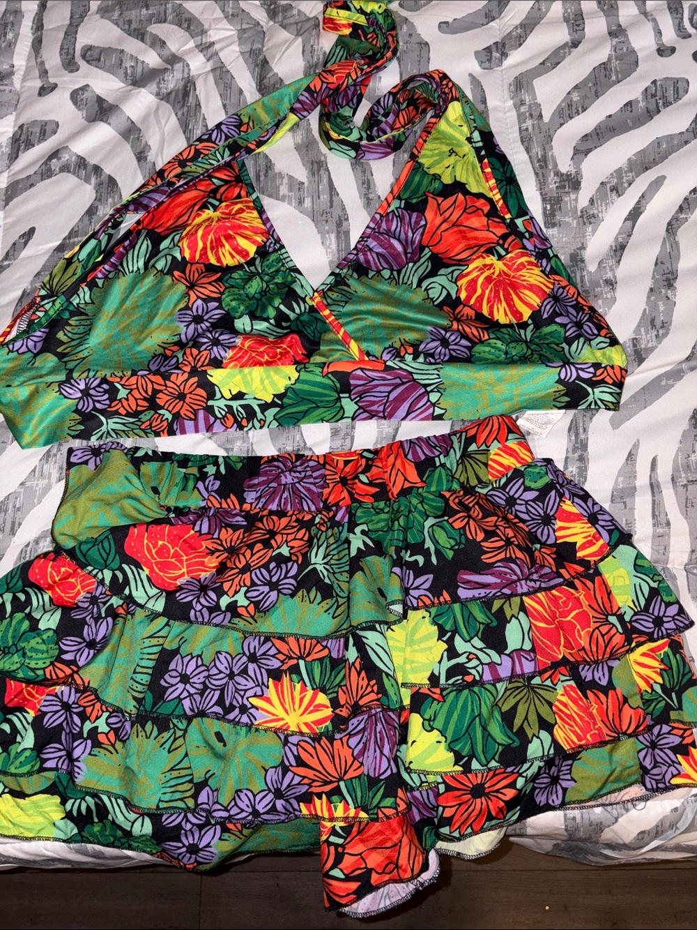 SHEIN Black Tropical Floral Halter Bikini Top and Skirt Set